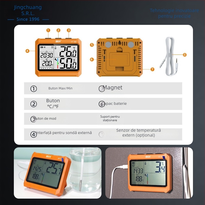 IPT-100 Măsurător de temperatură și umiditate industrial, precizie înaltă, monitorizare Bluetooth la distanță, alimentare cu baterie AAA, pentru depozite și ateliere industriale