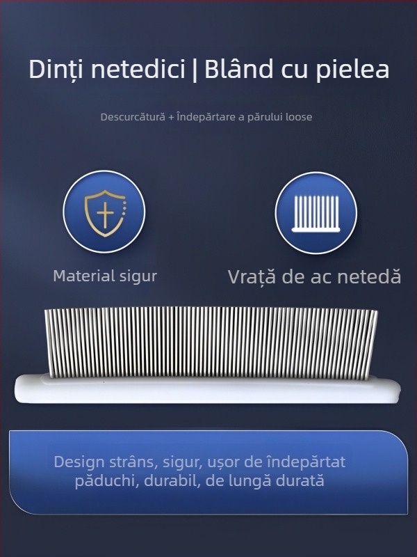 Pieptene pentru purici la pisici și câini, dinți fini, oțel, pentru blană lungă