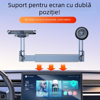 Suport auto pentru ecranul central - suport pentru telefon din aliaj de aluminiu, cu aderență magnetică și poziționare duală prin gravitație