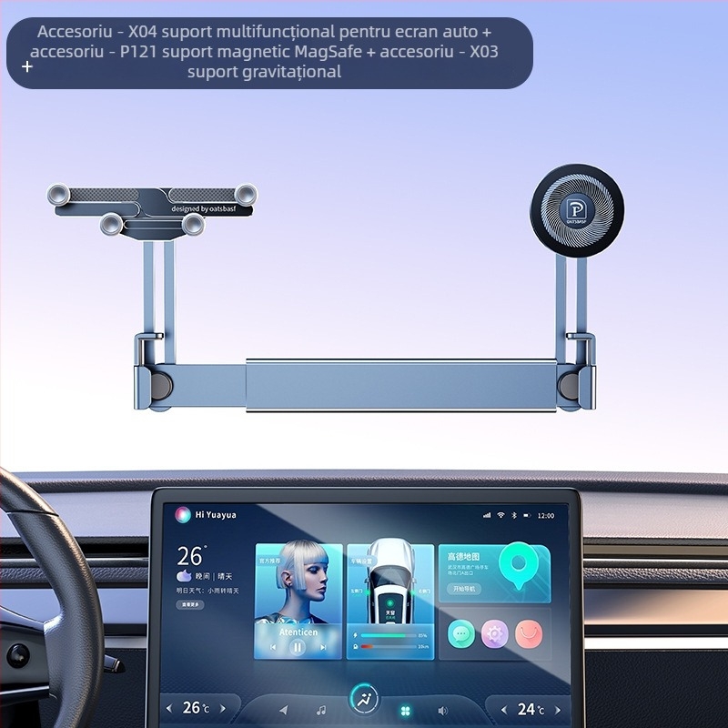 Suport auto pentru ecranul central - suport pentru telefon din aliaj de aluminiu, cu aderență magnetică și poziționare duală prin gravitație