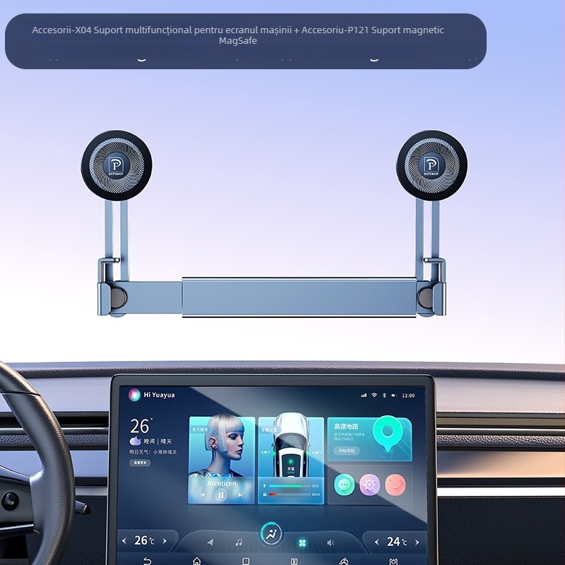 Suport auto pentru ecranul central - suport pentru telefon din aliaj de aluminiu, cu aderență magnetică și poziționare duală prin gravitație
