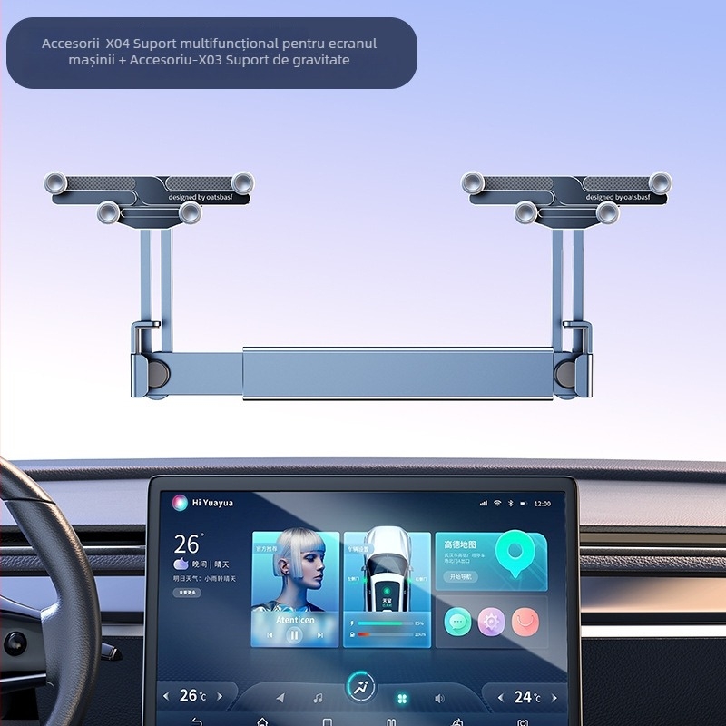 Suport auto pentru ecranul central - suport pentru telefon din aliaj de aluminiu, cu aderență magnetică și poziționare duală prin gravitație