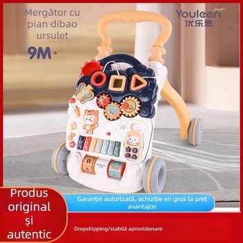Jucărie de mers cu design ursuleț — jucărie de mers multifuncțional împins manual pentru bebeluți 0–3 ani, dezvoltă coordonarea mână-ochi și prinderea, din plastic