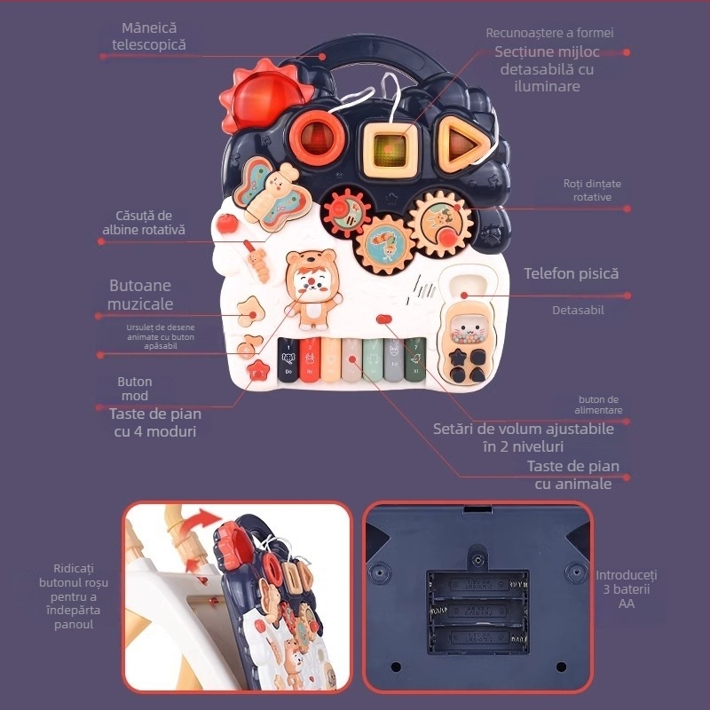 Jucărie de mers cu design ursuleț — jucărie de mers multifuncțional împins manual pentru bebeluți 0–3 ani, dezvoltă coordonarea mână-ochi și prinderea, din plastic
