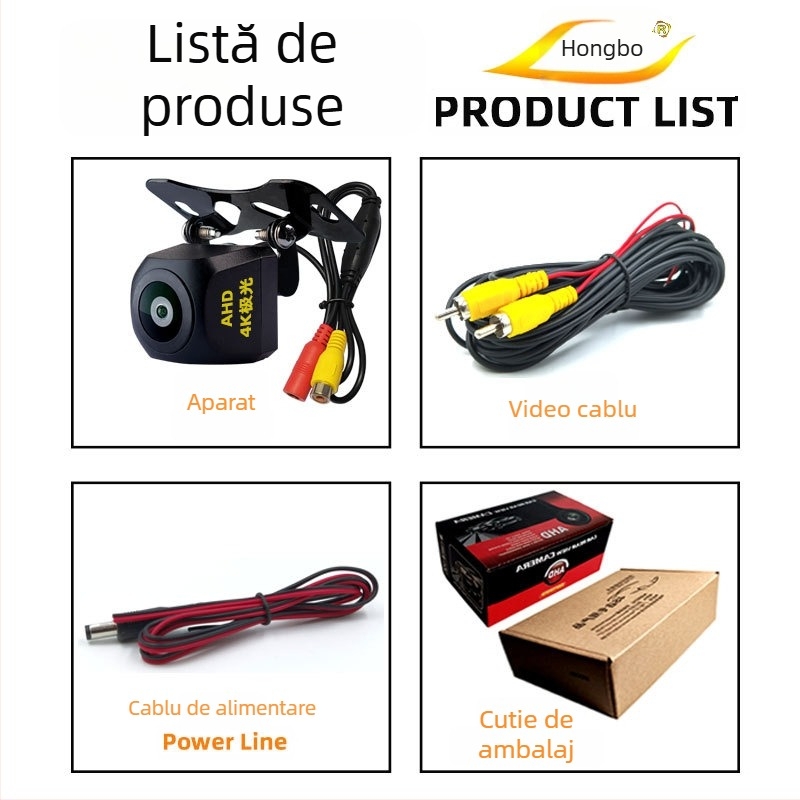 HB4 Cameră de vedere în spate — 180° reglabilă, semnal AHD 720P, alimentare 12V, imagine oglindită