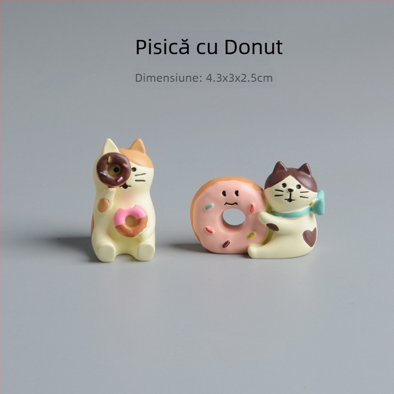 Prop fotograﬁe: scenă în stil japonez, miniatură din rășină cu pisică, donut și cafenea — Material: rășină; Stil: bunuri japoneze; Categorie: meșteșuguri din rășină; Cadou gata de oferit