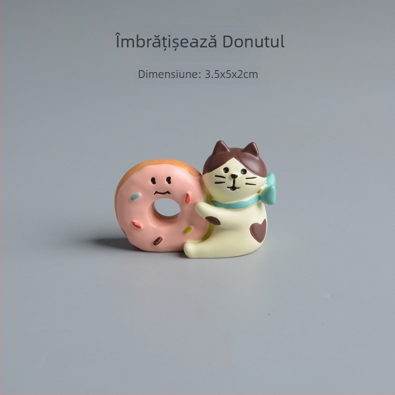 Prop fotograﬁe: scenă în stil japonez, miniatură din rășină cu pisică, donut și cafenea — Material: rășină; Stil: bunuri japoneze; Categorie: meșteșuguri din rășină; Cadou gata de oferit