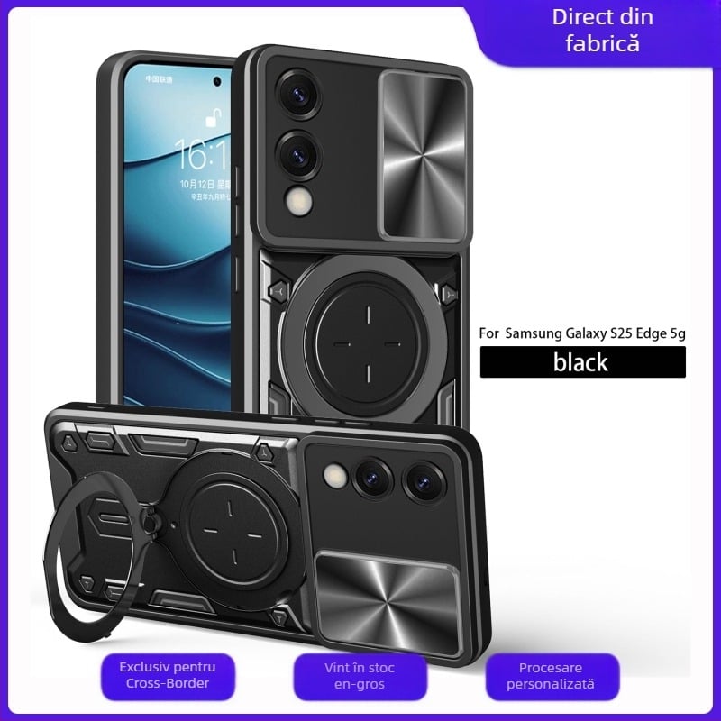 Carcasă de protecție pentru Samsung S25 Edge 5G cu inel magnetic și suport, design 2-n-1, husă TPU+PC, protecție anti-cădere