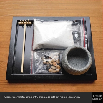 Set de birou în stil japonez Karesansui cu nisip – masă Zen cu nisip pentru peisaje mini DIY și meditație acasă, plastic și rășină, cutie cadou, cod produs T56710295477075