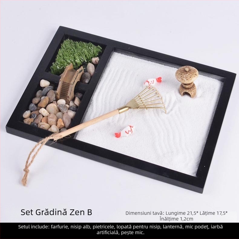 Set de birou în stil japonez Karesansui cu nisip – masă Zen cu nisip pentru peisaje mini DIY și meditație acasă, plastic și rășină, cutie cadou, cod produs T56710295477075