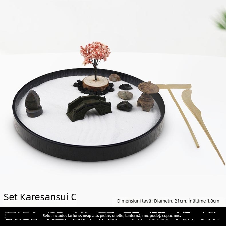 Set de birou în stil japonez Karesansui cu nisip – masă Zen cu nisip pentru peisaje mini DIY și meditație acasă, plastic și rășină, cutie cadou, cod produs T56710295477075