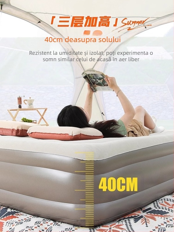 Pat de aer pentru camping în aer liber, suprafață catifelată tip flocking, autoinflabil, 7,5 kg, sarcină maximă 450 kg
