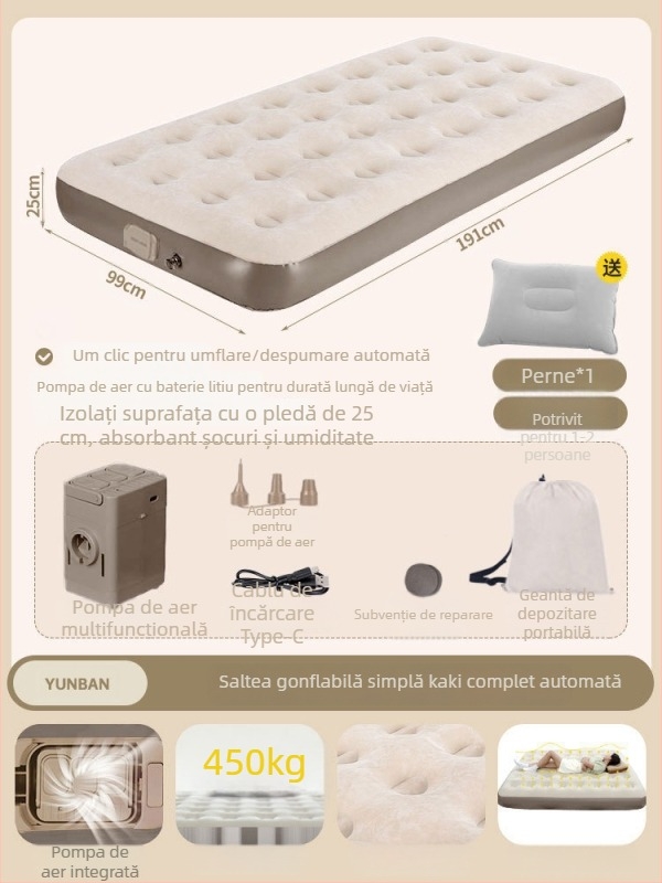 Pat de aer pentru camping în aer liber, suprafață catifelată tip flocking, autoinflabil, 7,5 kg, sarcină maximă 450 kg