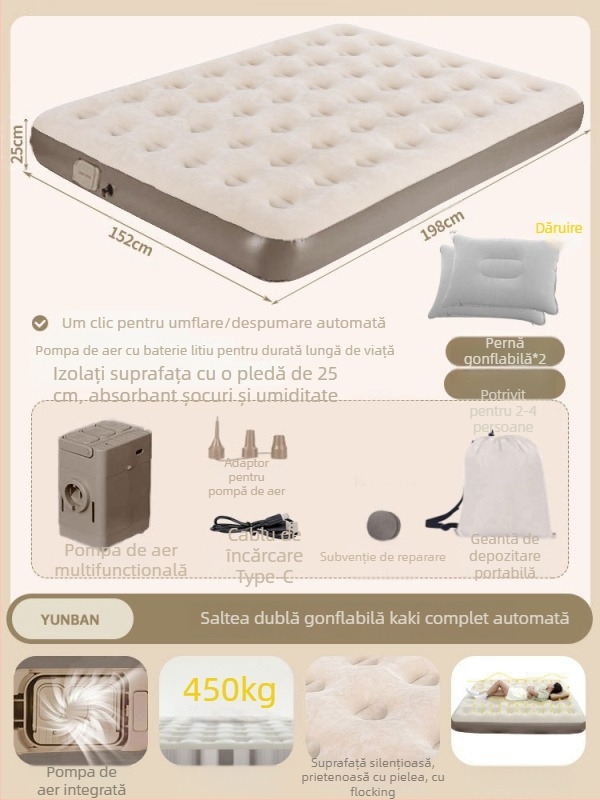 Pat de aer pentru camping în aer liber, suprafață catifelată tip flocking, autoinflabil, 7,5 kg, sarcină maximă 450 kg