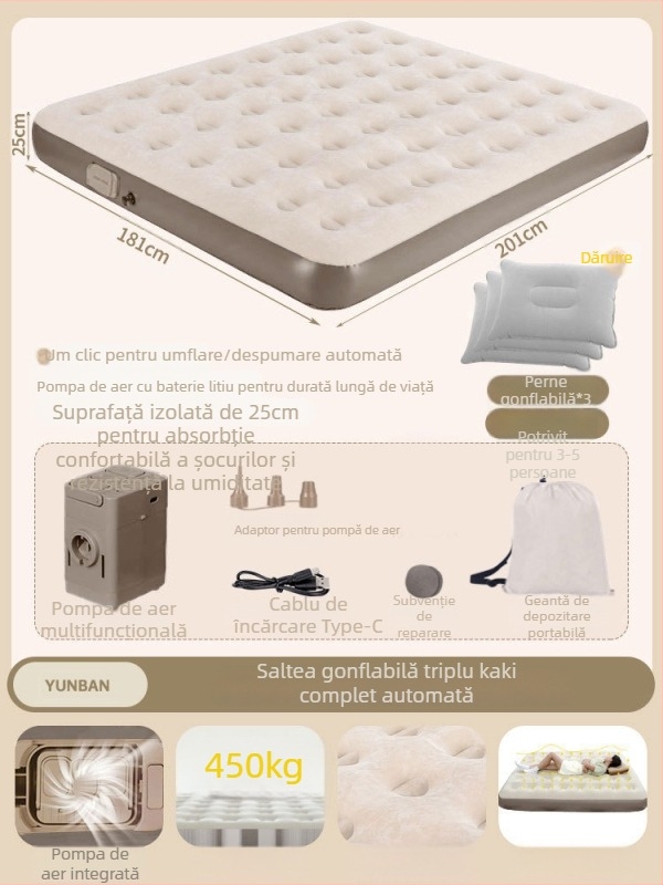 Pat de aer pentru camping în aer liber, suprafață catifelată tip flocking, autoinflabil, 7,5 kg, sarcină maximă 450 kg