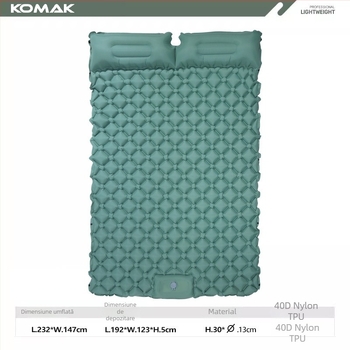 Saltea de dormit gonflabilă pentru exterior, pentru 2 persoane, ALD, 40D Nylon TPU, 1,1 kg, Umflare prin picior