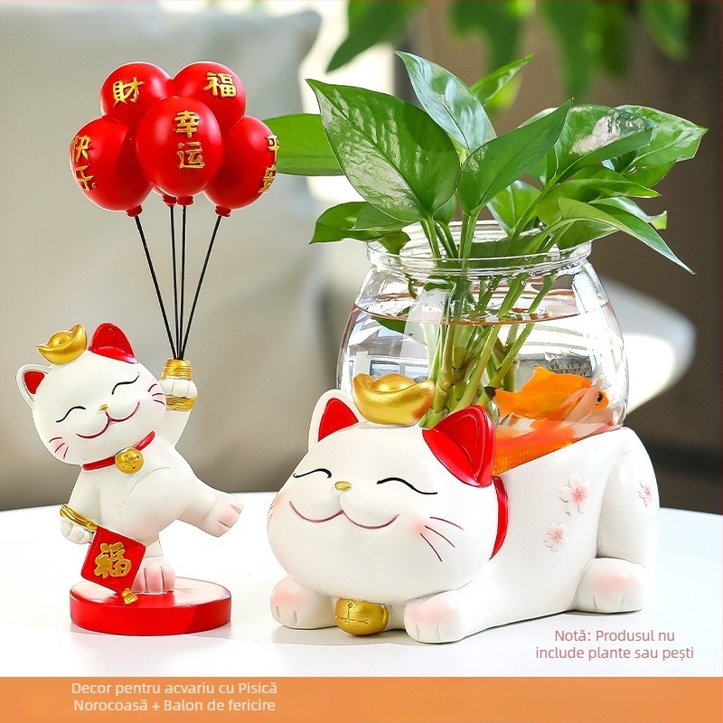 Vază hidroponică Lucky Cat – din rășină, design modern minimalist, decor pentru living sau birou, micro peisaj de birou