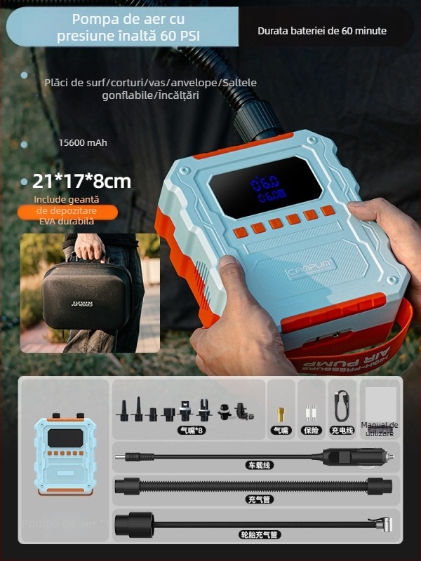 Campum pompă de aer electrică reîncărcabilă cu dublu cilindru pentru ambarcațiuni gonflabile, SUP-uri și perne cu aer – debit 70 L/min, 120 W, afișaj digital