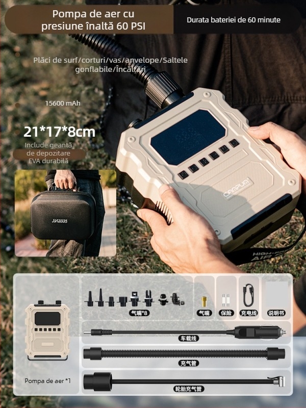 Campum pompă de aer electrică reîncărcabilă cu dublu cilindru pentru ambarcațiuni gonflabile, SUP-uri și perne cu aer – debit 70 L/min, 120 W, afișaj digital