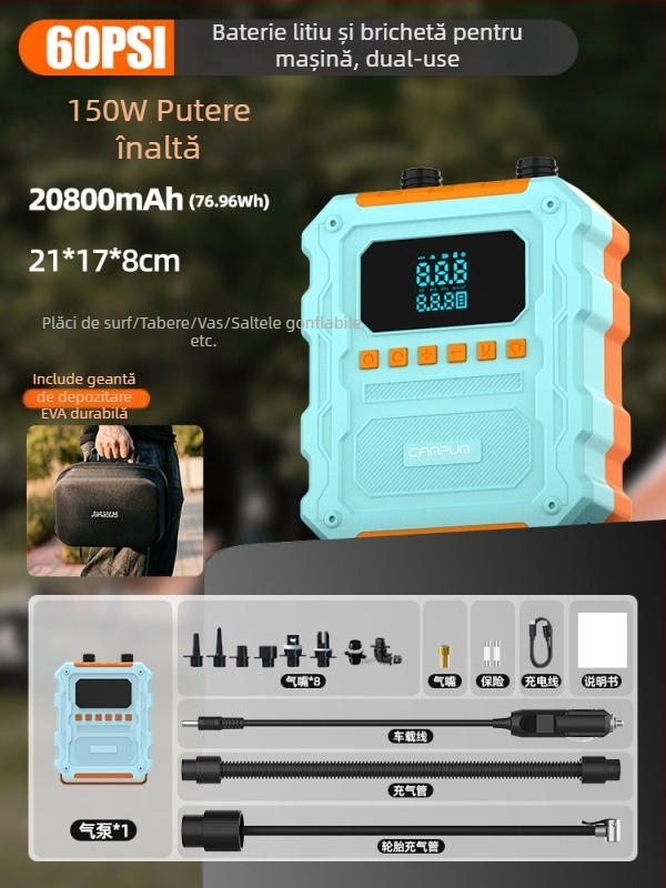 Campum pompă de aer electrică reîncărcabilă cu dublu cilindru pentru ambarcațiuni gonflabile, SUP-uri și perne cu aer – debit 70 L/min, 120 W, afișaj digital