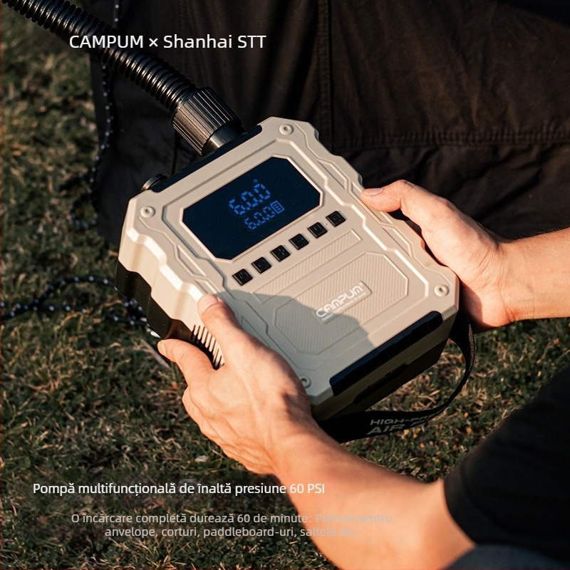 Campum pompă de aer electrică reîncărcabilă cu dublu cilindru pentru ambarcațiuni gonflabile, SUP-uri și perne cu aer – debit 70 L/min, 120 W, afișaj digital