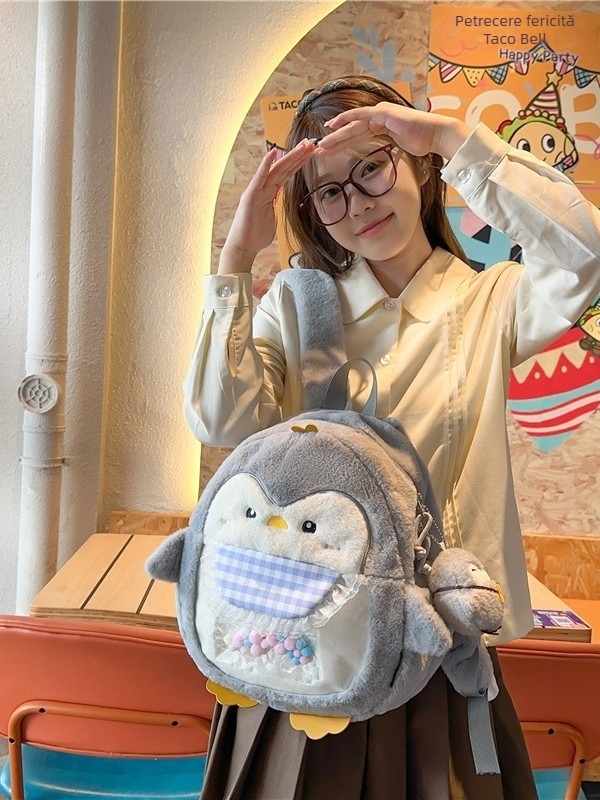 Rucsac școlar din pluș cu pinguin, model animal, design respirabil, căptușeală poliester, pentru gimnaziu și peste