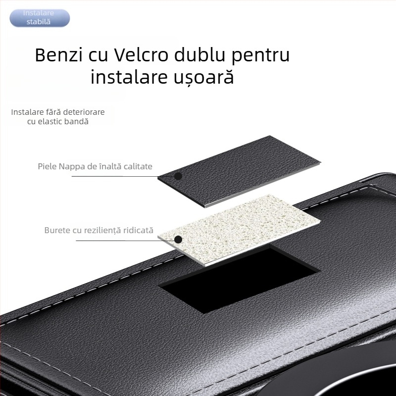 Cutie pentru cot auto, cu spațiu de depozitare mărit, compartiment pentru șervețele și suport pentru pahare, din piele, universal, personalizabil, organizator multifuncțional