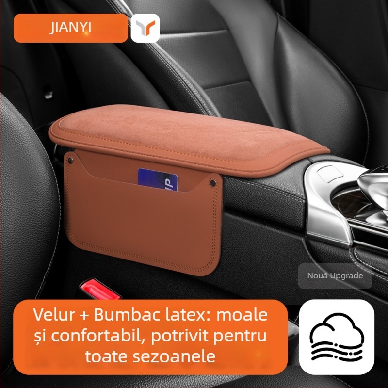 Perna de cotieră auto cu broderie din suede, buzunar universal de depozitare (Material: Suede; Compatibilitate: BYD, VW, Toyota, Geely, Wuling; Pentru toate anotimpurile)