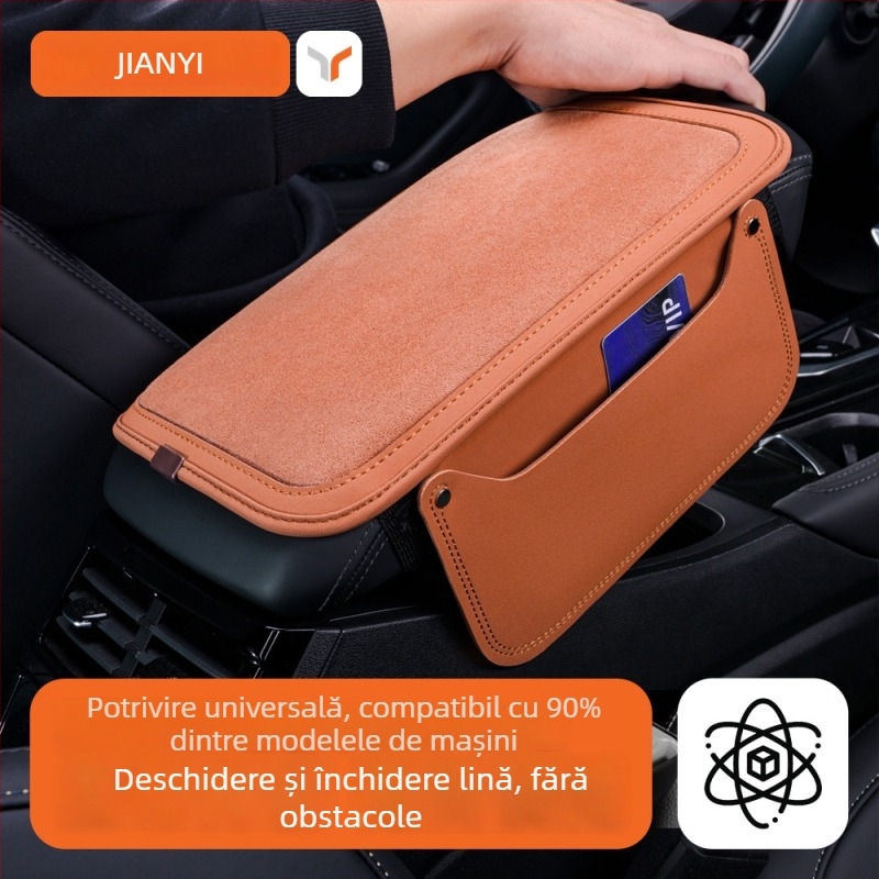 Perna de cotieră auto cu broderie din suede, buzunar universal de depozitare (Material: Suede; Compatibilitate: BYD, VW, Toyota, Geely, Wuling; Pentru toate anotimpurile)