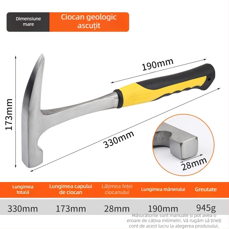 Cioc geologic pentru explorare, cap plat/ascuțit (cap din oțel cu conținut înalt de carbon; rezistent la șocuri; rezistent la explozie; greutate 950 g)