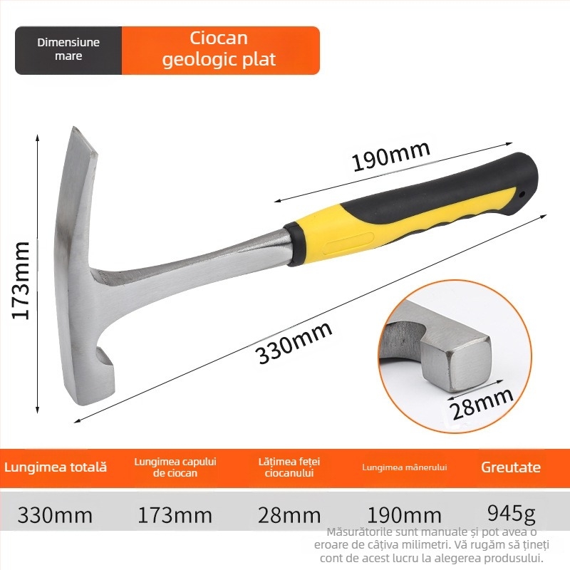 Cioc geologic pentru explorare, cap plat/ascuțit (cap din oțel cu conținut înalt de carbon; rezistent la șocuri; rezistent la explozie; greutate 950 g)