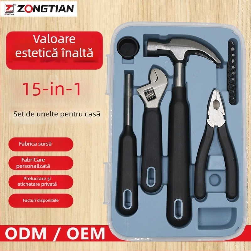 Set de scule pentru uz casnic, 15 piese, oțel crom-vanadiu, multifuncțional pentru reparații casnice