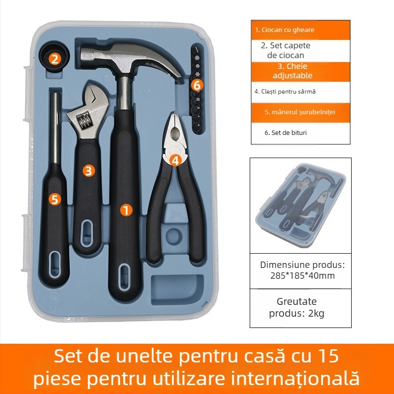 Set de scule pentru uz casnic, 15 piese, oțel crom-vanadiu, multifuncțional pentru reparații casnice