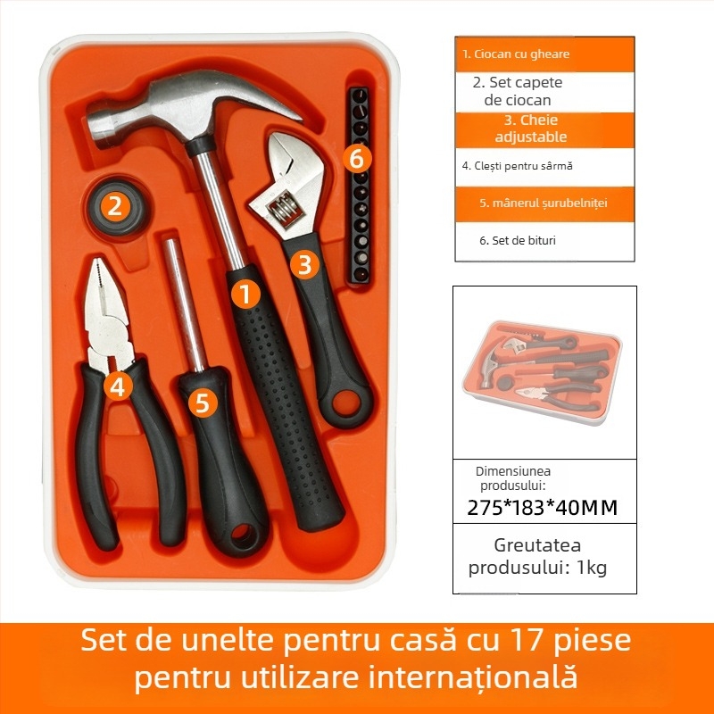 Set de scule pentru uz casnic, 15 piese, oțel crom-vanadiu, multifuncțional pentru reparații casnice