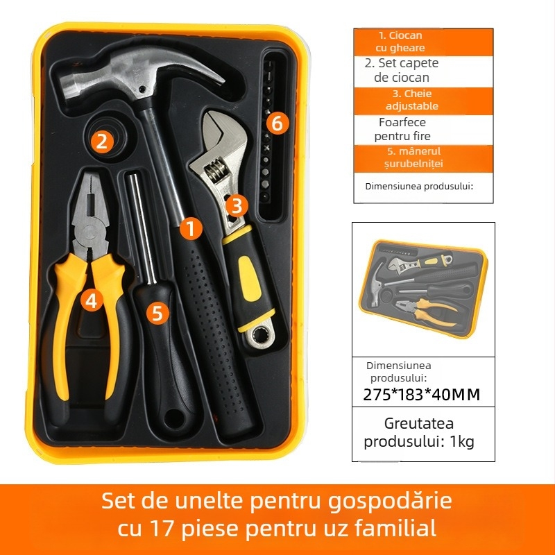 Set de scule pentru uz casnic, 15 piese, oțel crom-vanadiu, multifuncțional pentru reparații casnice