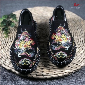 Pantofi din pânză pentru bărbați Old Beijing, vârf rotund, partea superioară din bumbac, căptușeală din bumbac, talpă din tendoane de vițel, talpă joasă