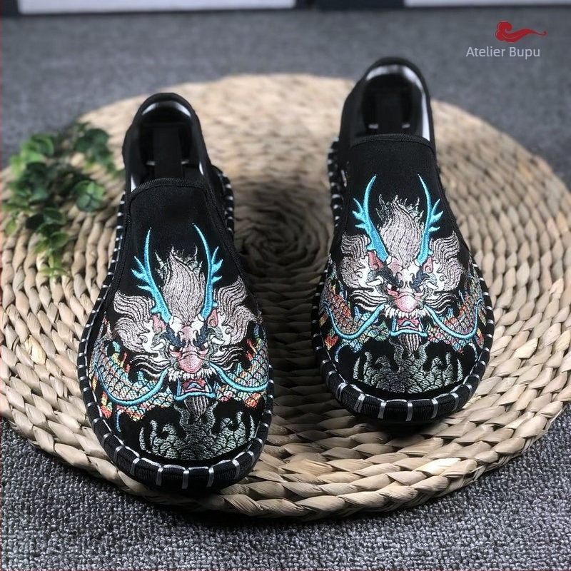 Pantofi din pânză pentru bărbați Old Beijing, vârf rotund, partea superioară din bumbac, căptușeală din bumbac, talpă din tendoane de vițel, talpă joasă