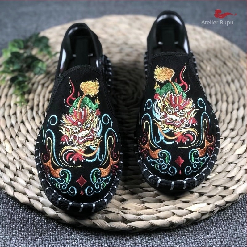 Pantofi din pânză pentru bărbați Old Beijing, vârf rotund, partea superioară din bumbac, căptușeală din bumbac, talpă din tendoane de vițel, talpă joasă