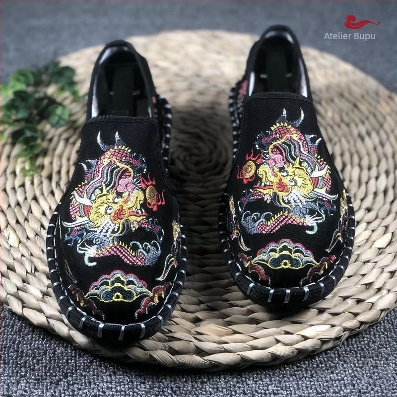 Pantofi din pânză pentru bărbați Old Beijing, vârf rotund, partea superioară din bumbac, căptușeală din bumbac, talpă din tendoane de vițel, talpă joasă