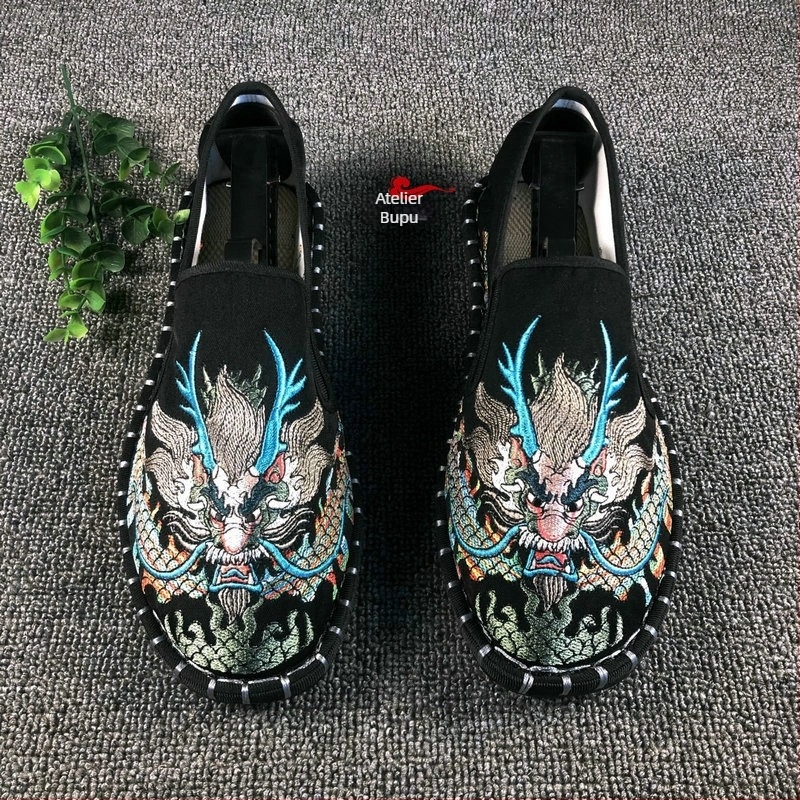 Pantofi din pânză pentru bărbați Old Beijing, vârf rotund, partea superioară din bumbac, căptușeală din bumbac, talpă din tendoane de vițel, talpă joasă