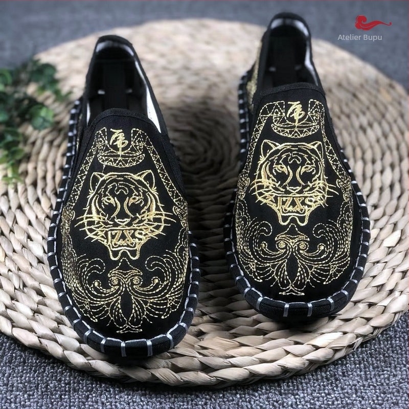 Pantofi din pânză pentru bărbați Old Beijing, vârf rotund, partea superioară din bumbac, căptușeală din bumbac, talpă din tendoane de vițel, talpă joasă