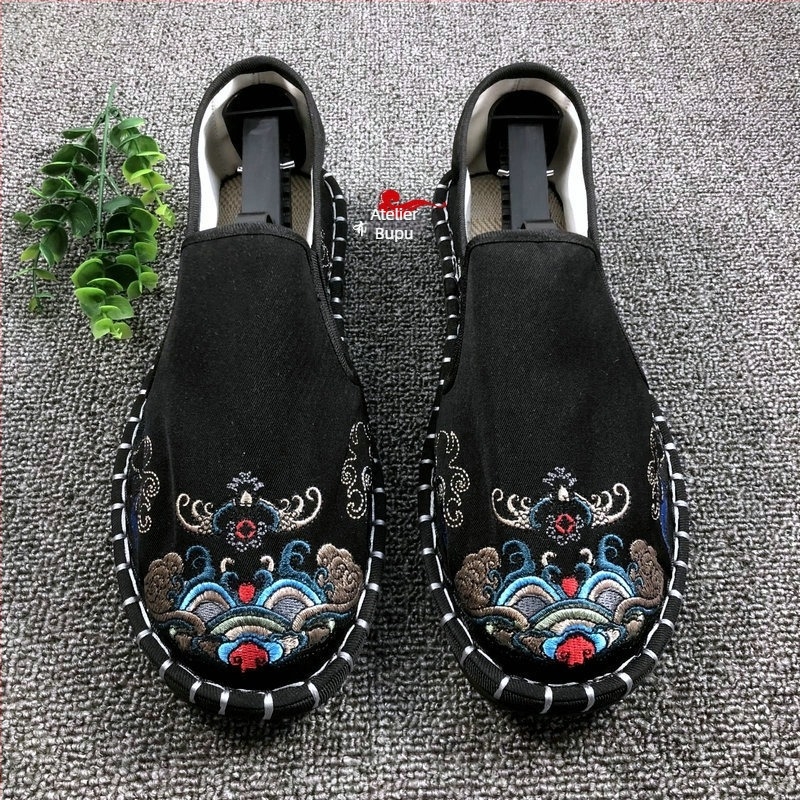 Pantofi din pânză pentru bărbați Old Beijing, vârf rotund, partea superioară din bumbac, căptușeală din bumbac, talpă din tendoane de vițel, talpă joasă