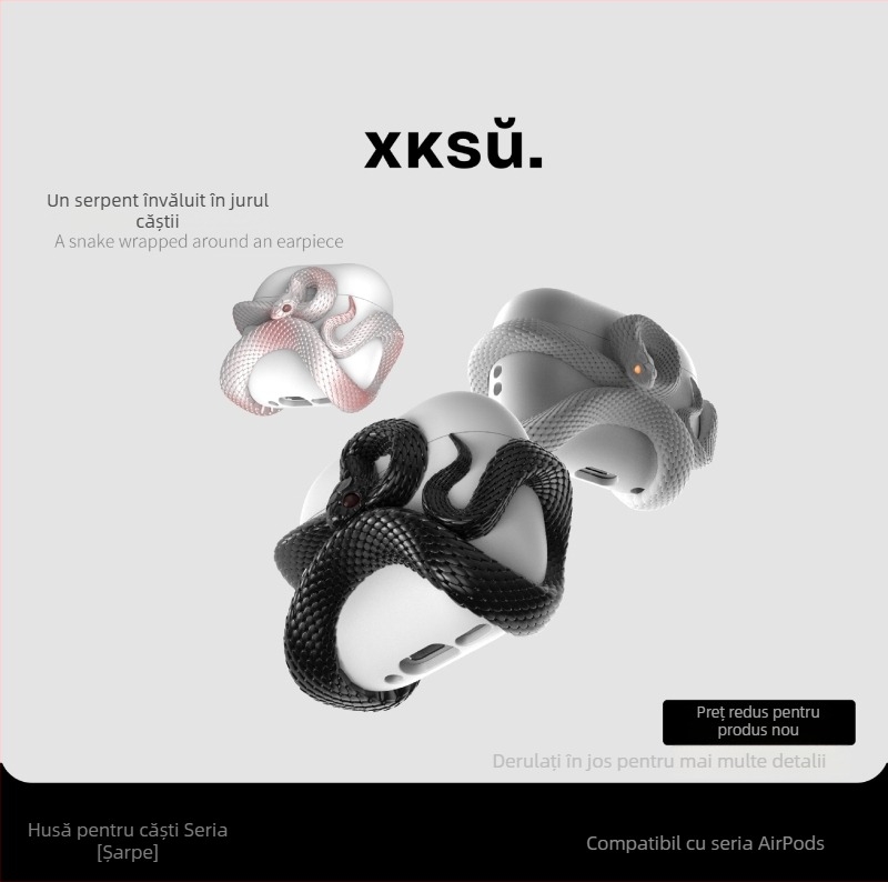 Xksu husă de protecție din seria Șarpe pentru Apple AirPods Pro 3 și AirPods 4 Gen - Stil Cartoon, Turnare prin injecție, Material PC