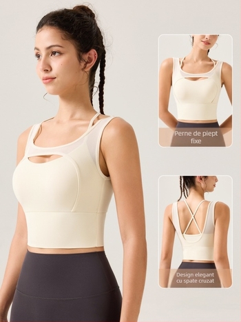 Sutien sport cu decolteu adânc în V, senzație nude, plasă, spate încrucișat, absorbție a umidității, material nylon 81% + spandex 19%, cupe fixe