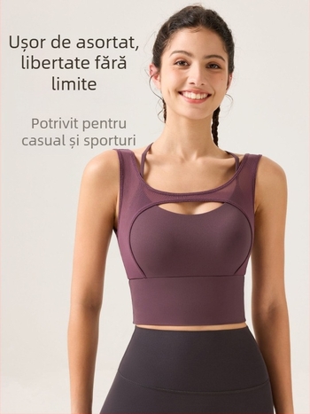 Sutien sport cu decolteu adânc în V, senzație nude, plasă, spate încrucișat, absorbție a umidității, material nylon 81% + spandex 19%, cupe fixe