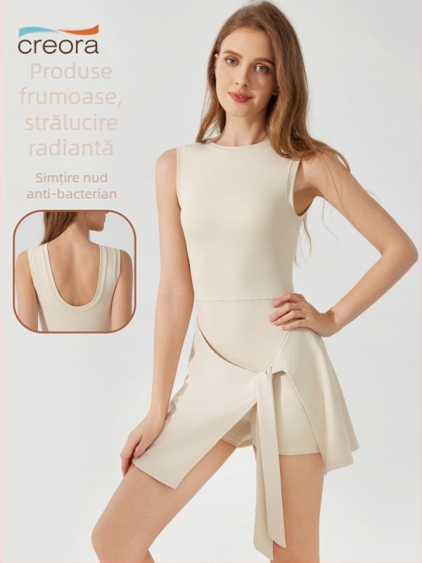 Body antibacterian cu bretele încrucișate, respirant și cu gestionare a umezelii; compoziție: nailon 81% / spandex 19%; fără burete pentru bust