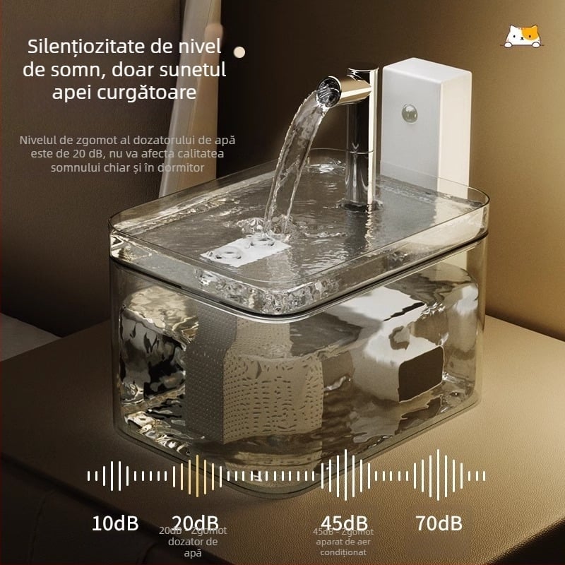 Dispenser de apă pentru pisici cu bază cu control al temperaturii, fără cablu, senzor wireless, fântână inteligentă pentru băut cu circulație automată, care menține gura uscată.
