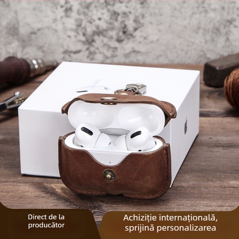 Carcasă AirPods Pro din piele naturală, acoperire completă, capac rabat cu buton snap, făcută manual pentru Apple (Piele naturală; Acoperire completă; Capac rabat; Buton snap; Făcută manual)
