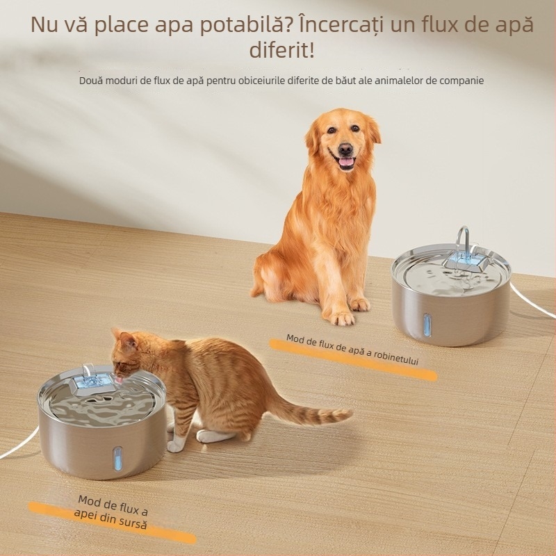 Dispenser de apă pentru pisici și câini, cu filtrare automată și circulație, din oțel inoxidabil, alimentare prin cablu