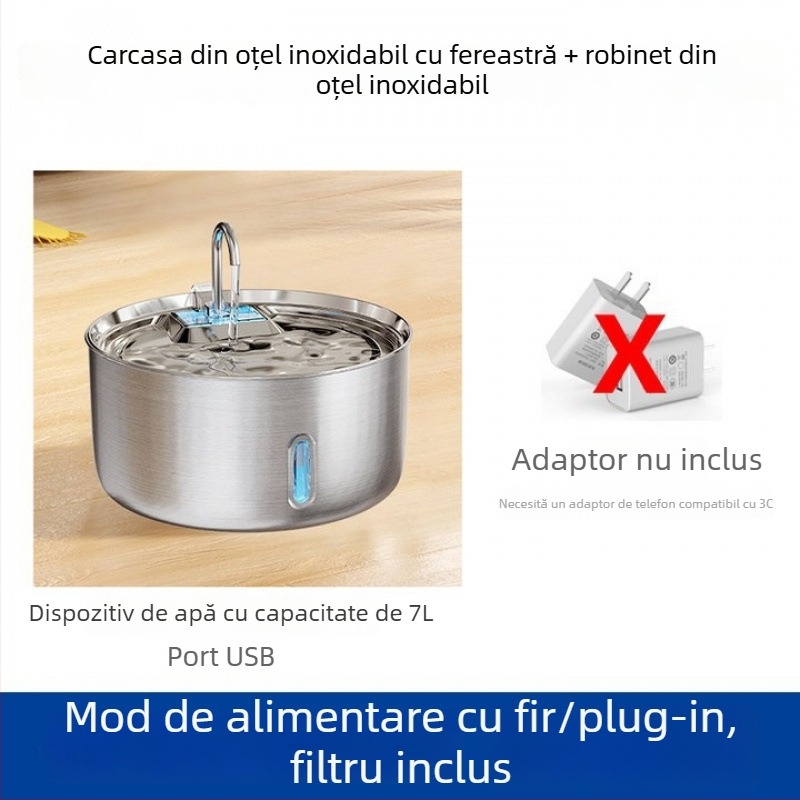 Dispenser de apă pentru pisici și câini, cu filtrare automată și circulație, din oțel inoxidabil, alimentare prin cablu